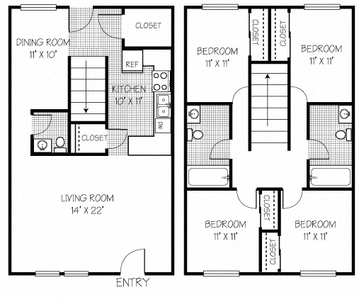 Floor plan for 4 beds, 2.5 baths, 355 sqft